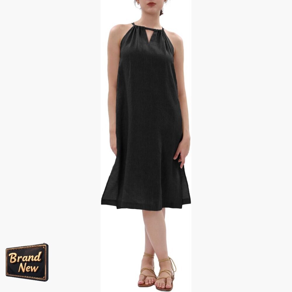 Linen Sleeveless Halter Midi Dress With Pockets, Relaxed Fit
